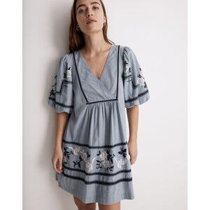 Madewell Blue Embroidered  Foldover V-Neck Puff Sleeve Mini Dress  Women's Size